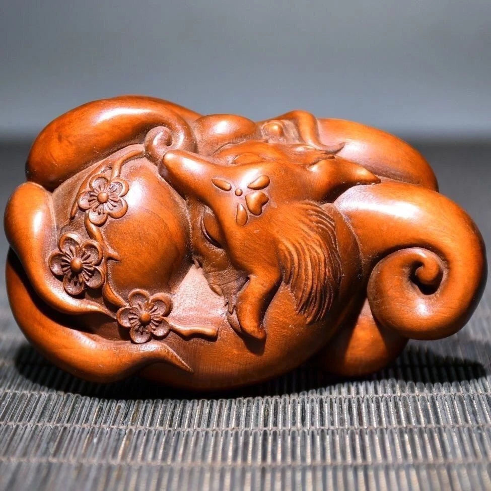 Boxwood Wood Carved Figurine 7cm Handheld Worry Piece Pocket Charm Car Pendant 07FC0E-D4 - KOEEK