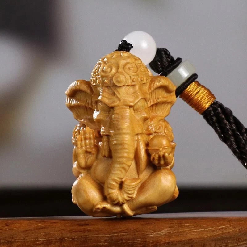 Boxwood Carved Elephant God Figurine Keychain Pendant Wood Statue Car Hanging 07FC0E-D4 - KOEEK