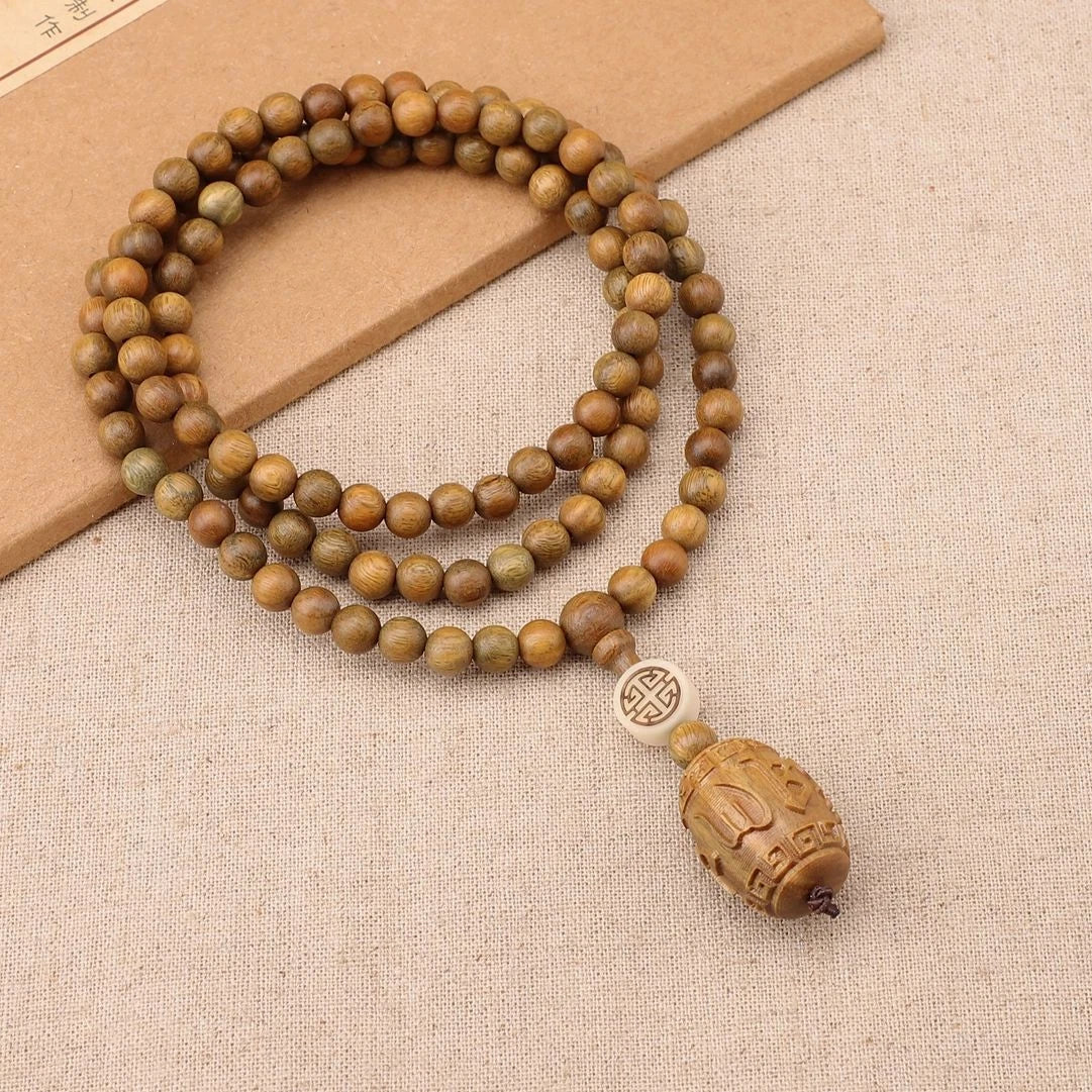 Green Sandalwood Amulet Necklace Ethnic Style Sweater Chain Buddha Bead Pendant 07FC0E-D4 - KOEEK