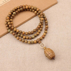 Green Sandalwood Amulet Necklace Ethnic Style Sweater Chain Buddha Bead Pendant 07FC0E-D4 - KOEEK