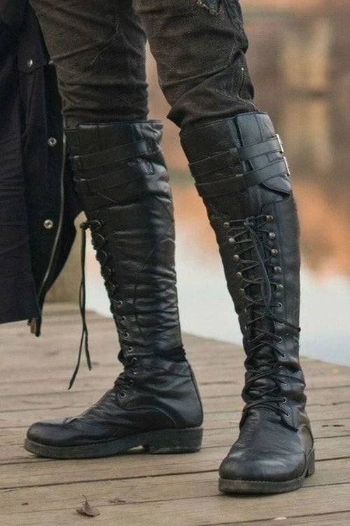 Men's Men Winter Boots Vintage Medieval Knee HighBoots Cross Strap Lace Up Boots 07FC0E-D4 - KOEEK