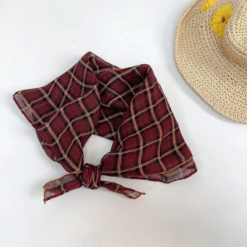 Womens Wine Red  Flax Linen Plaid Bandana Neck Wrap Neckerchief Shawl Scarf 07FC0E-D4 - KOEEK