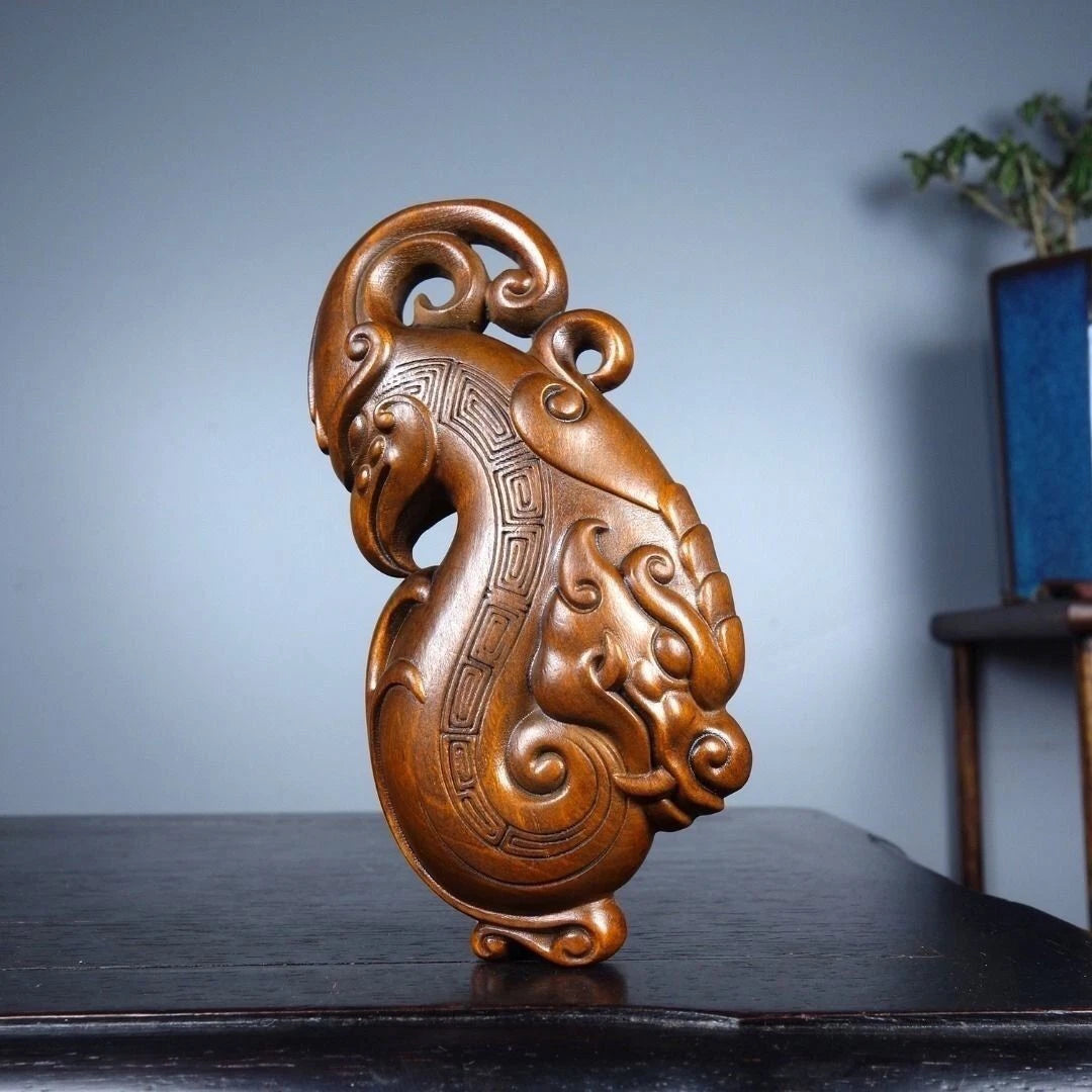 Boxwood Wood Carved Dragon Phoenix Pendant 9cm Handheld Piece Hanging Charm 07FC0E-D4 - KOEEK