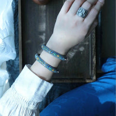 Wide Enamel Silver Bracelet Vintage Carved Floral Pattern Ethnic Style Bangle 07FC0E-D4 - KOEEK