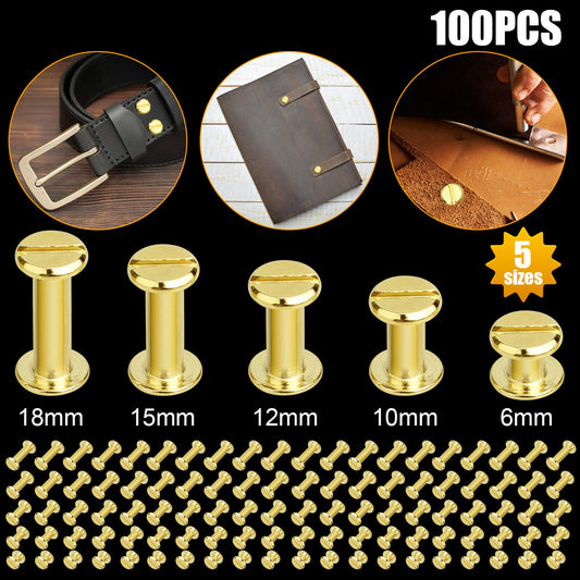 100PCS Brass Screws Metal Posts Nail Flat Head Stud Rivet Leather Craft 5 Sizes