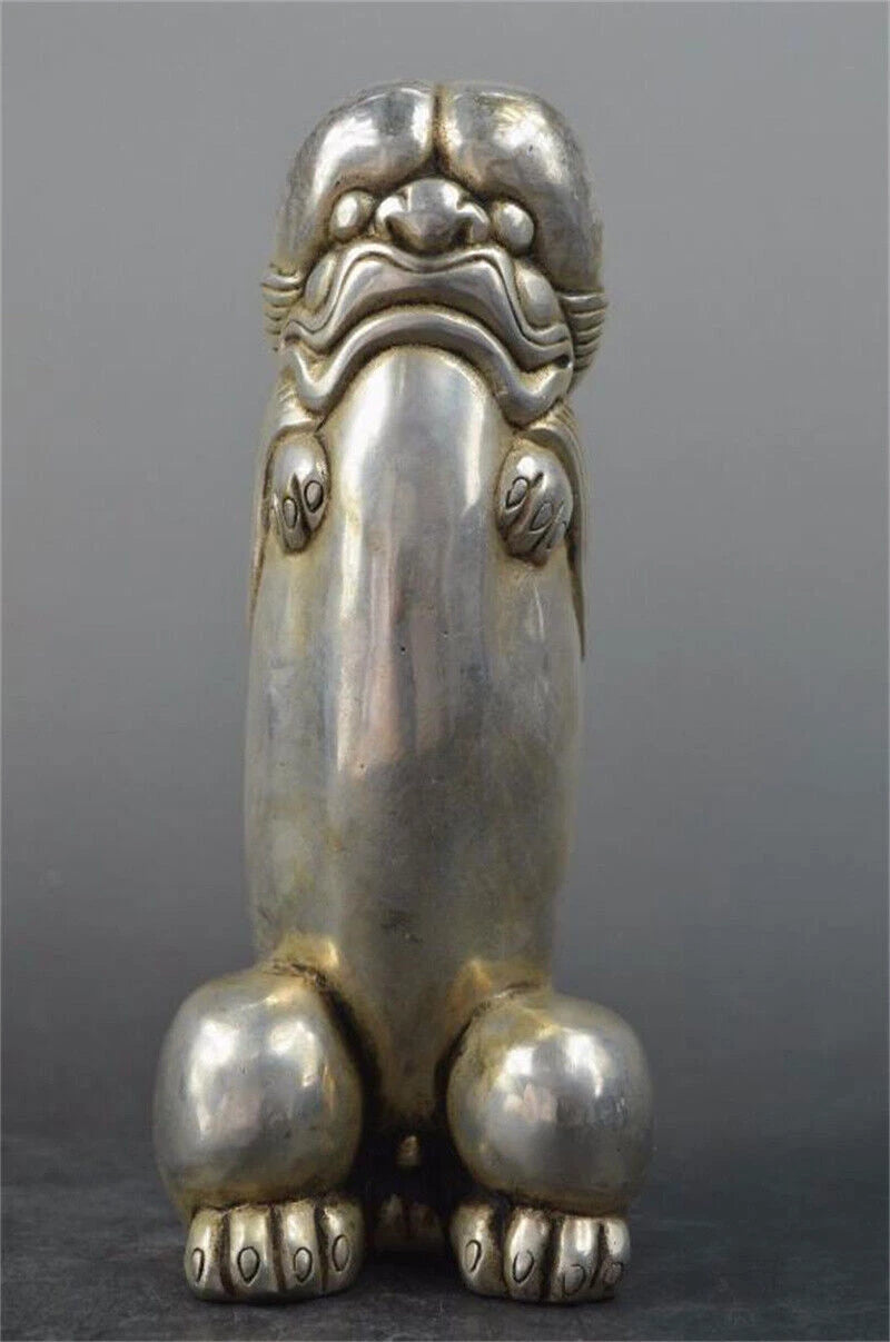 Chinese Tibet Silver Carved Guard Foo Dogs Lion statues Antique Ornaments 07FC0E-D4 - KOEEK