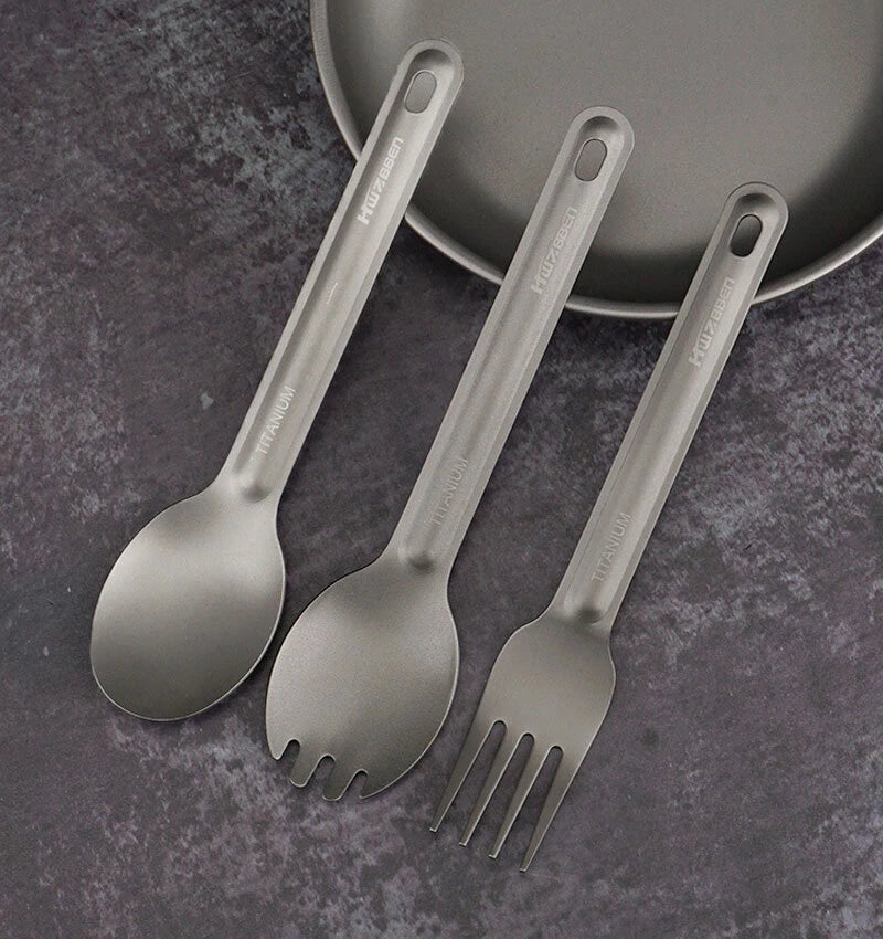 Titanium 3 Fork Spoon Sets Outdoor Camping Tableware Portable Salad SpoonEDCTool 07FC0E-D4 - KOEEK