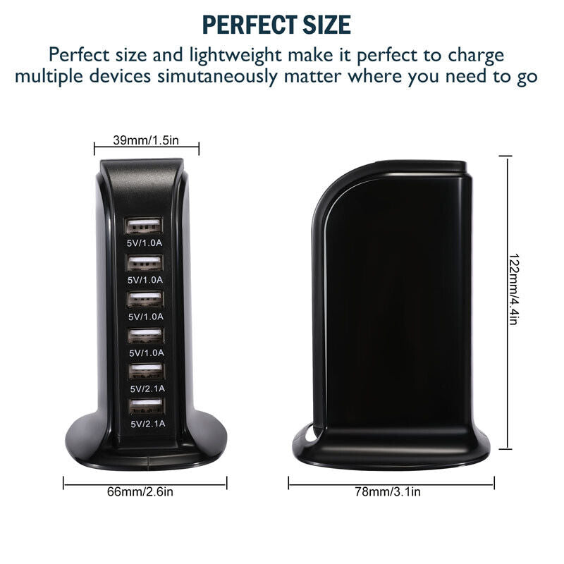 ny 6 Multi Port USB Type-C Hub Laderstasjon Tower Desktop Lader Strømadapter