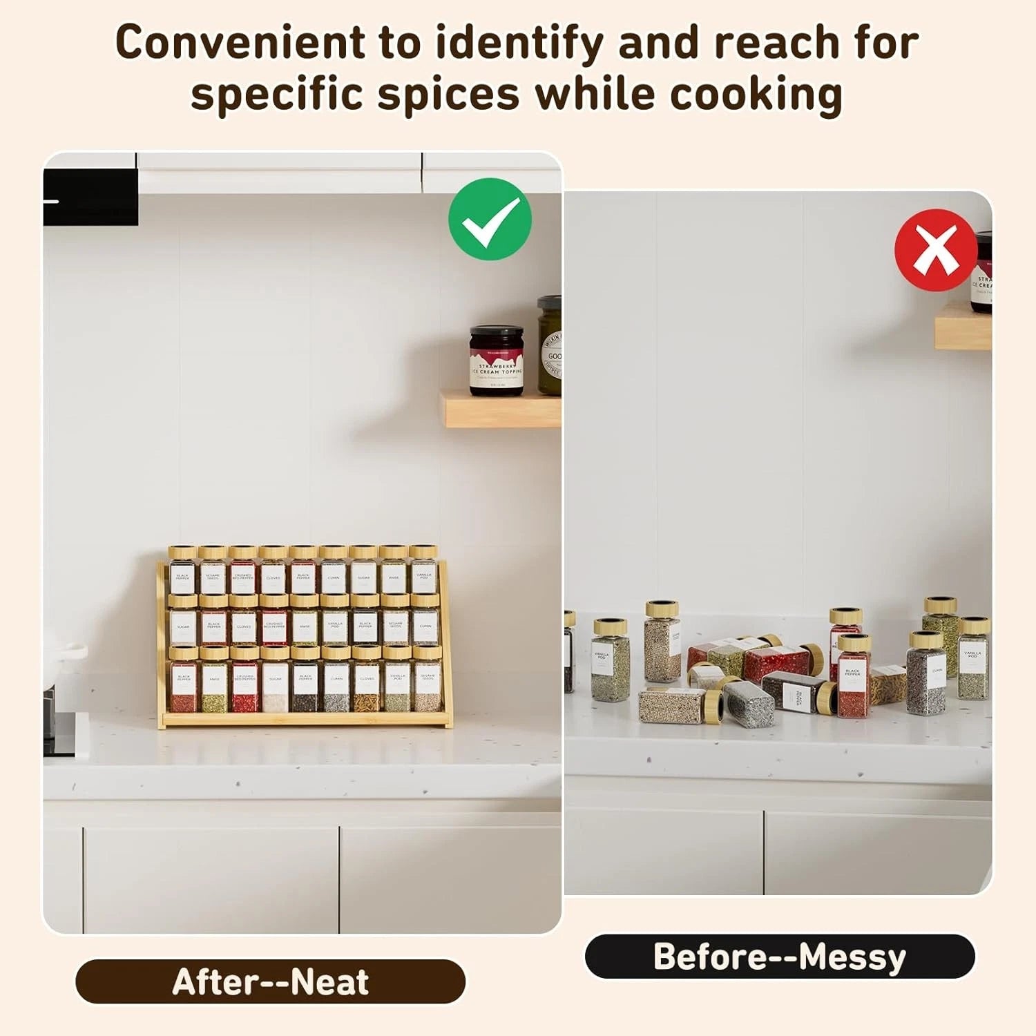 Bamboo Tiered Spice Rack, for Countertop Spice Organizer for Pantry Spice Shelf 07FC0E-D4 - KOEEK
