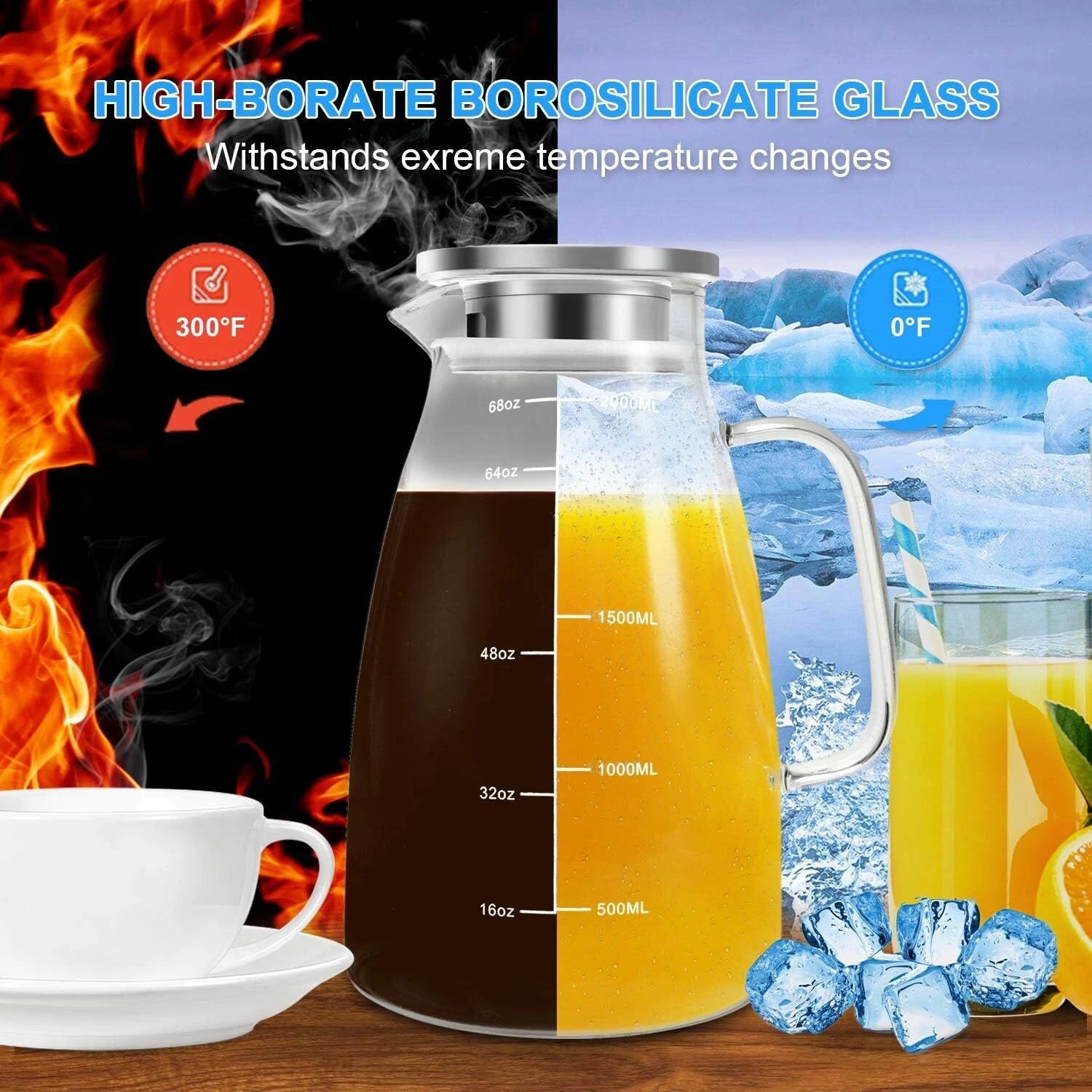 Glass Pitcher,68oz Water Pitcher with Lid and Precise Scale Line,18/8 Stainless 07FC0E-D4 - KOEEK