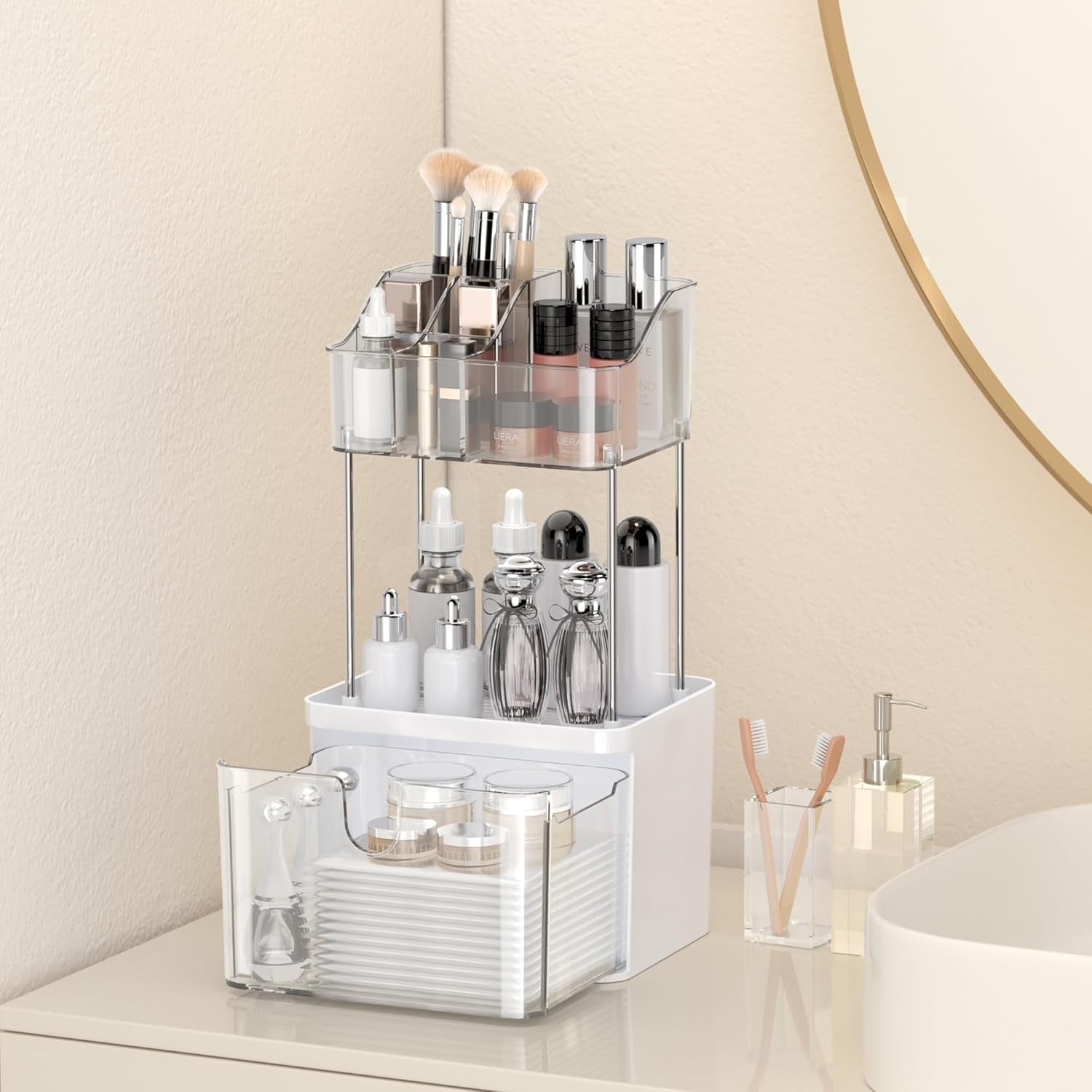 new Bathroom Countertop Organizer with Drawer - 3 Tier Makeup for clear 07FC0E-D4 - KOEEK