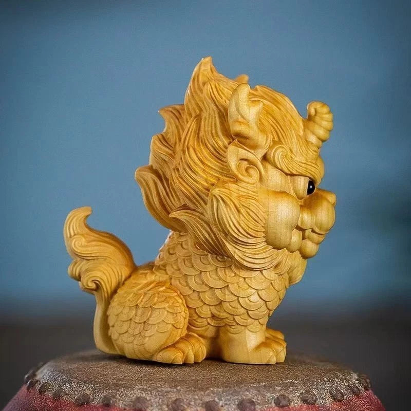 Thuja Wood Qilin Figurine Handheld Car Home Decor  Beast Ornament 07FC0E-D4 - KOEEK