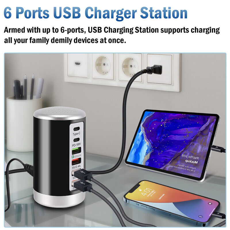 ny 6 Multi Port USB Type-C Hub Laderstasjon Tower Desktop Lader Strømadapter