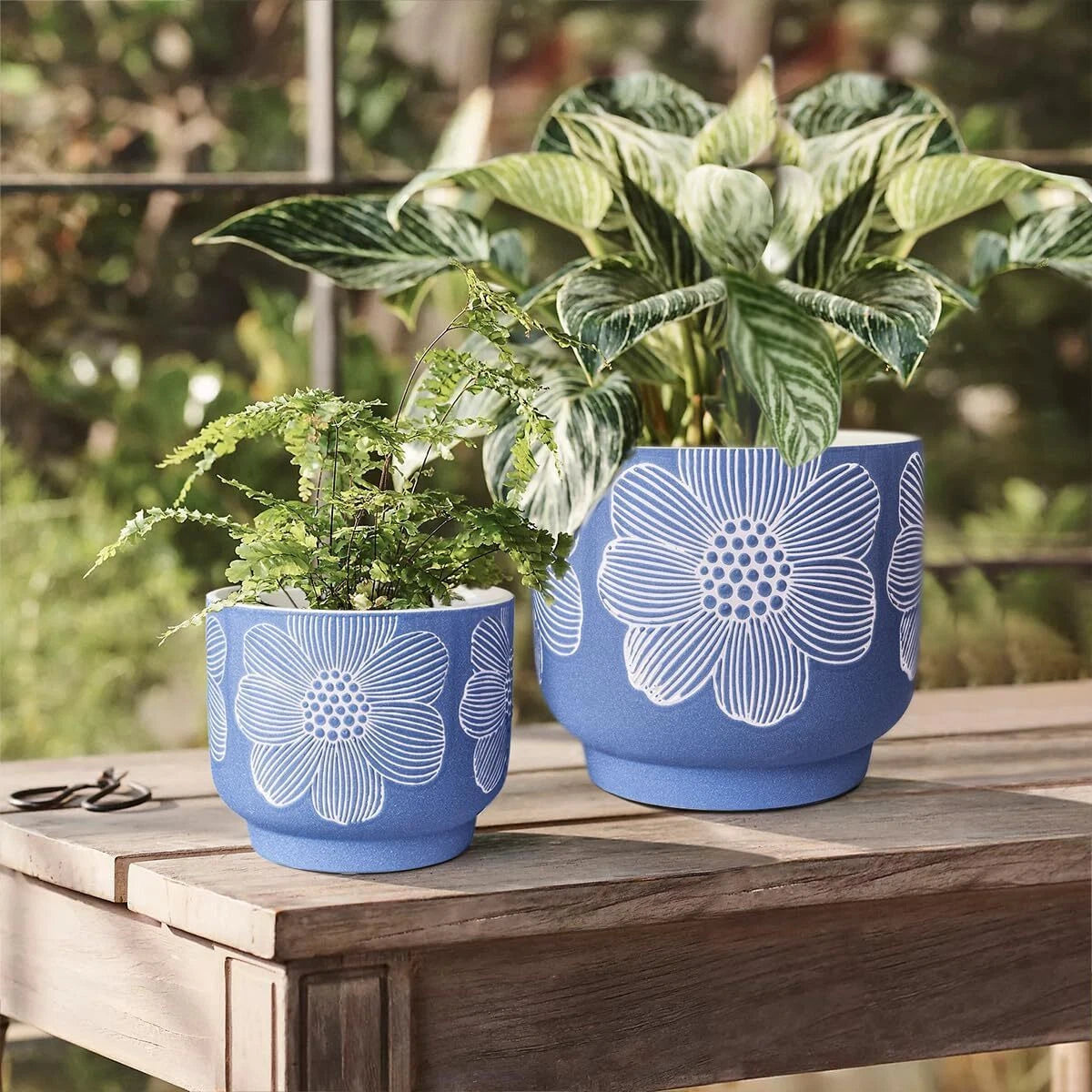 8-Inch + 6-Inch White Floral Pattern Planter, Sand Glazed Ceramic Planter,Green 07FC0E-D4 - KOEEK