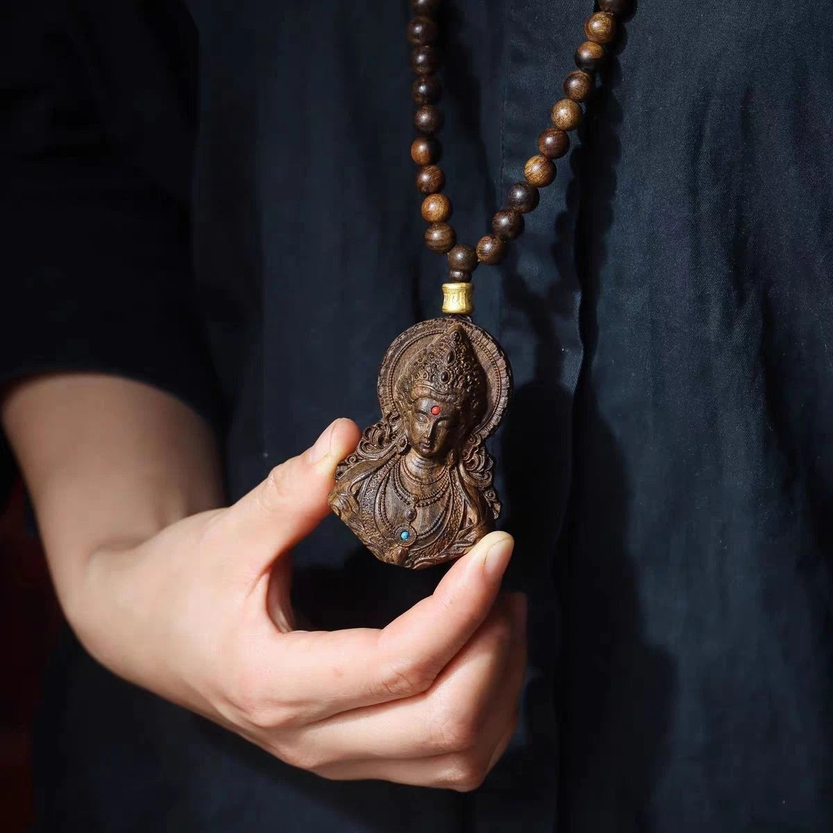 Nha Trang Agarwood Guanyin Pendant Necklace Natural Wood Sweater Chain Charm 07FC0E-D4 - KOEEK