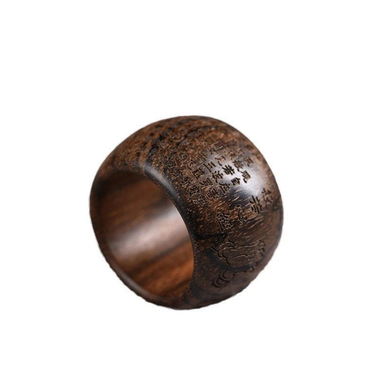 Agarwood Heart Sutra Thumb Ring Carved Wood Band Handmade Unisex Gift 07FC0E-D4 - KOEEK