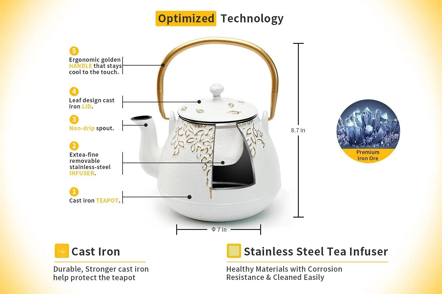 Teapot, cast iron teapot with infuser, enameled interior, holds 40 ounces of tea 07FC0E-D4 - KOEEK