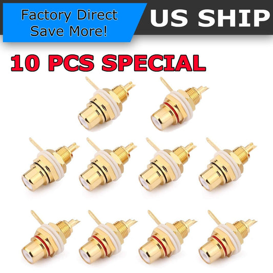 10 Pcs RCA Female Chassis Panel Mount Jack Socket Connector 24K Gold Plated USA