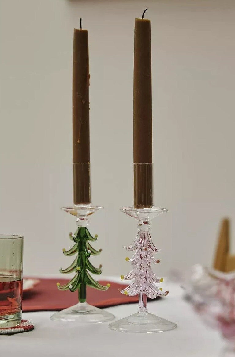 Anthropologie Holiday Christmas Tree PINK Glass Taper Candle Holder ANTHROPOLOGIE - KOEEK