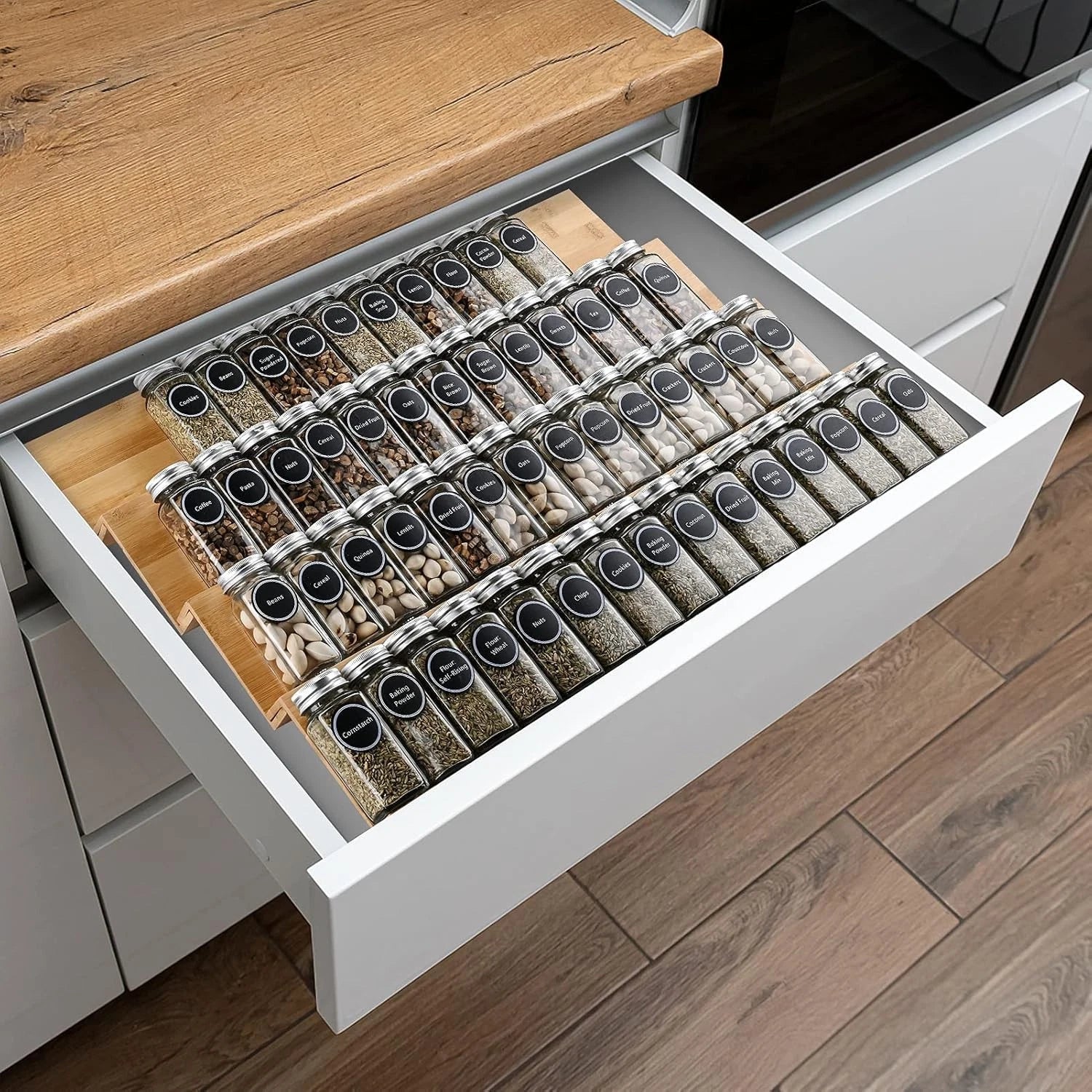 Bamboo Spice Rack Tray - Spice Drawer Organizer for Kitchen Cabinets Storage 07FC0E-D4 - KOEEK
