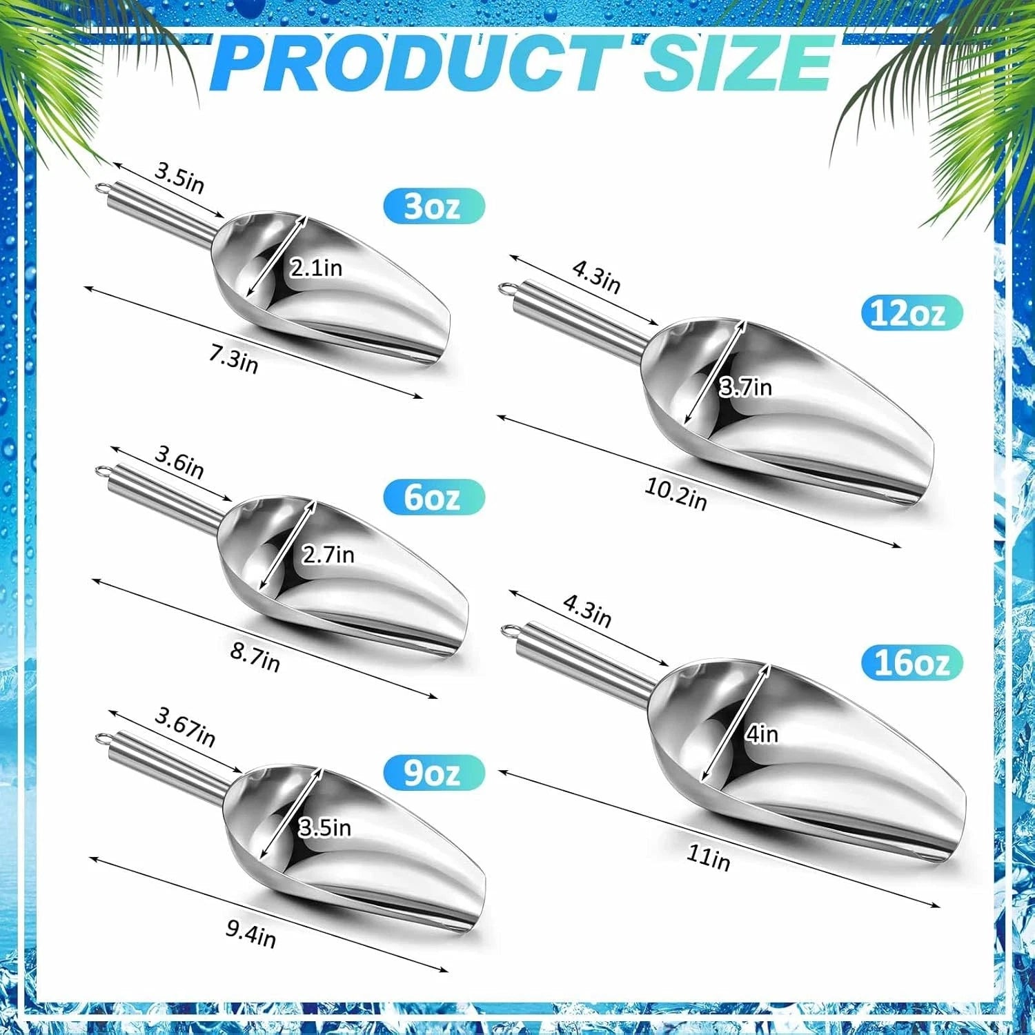 5 Pack 3/6/9/12/16 Ounce Stainless Steel Ice Scoop Multiple Sizes Metal Ice 07FC0E-D4 - KOEEK