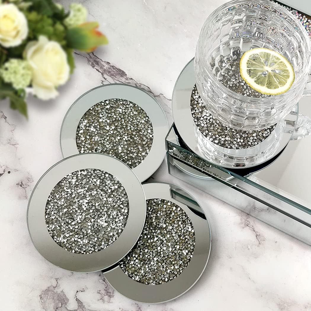 ny Glas Mirrored Coaster 4 PC, Crushed Diamond Round 4" Cup Mat Decor på bordplade