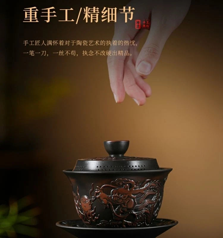 Handcrafted Vintage San Cai Dragon Lidded Tea Bowl Gongfu Tea Set Home 07FC0E-D4 - KOEEK