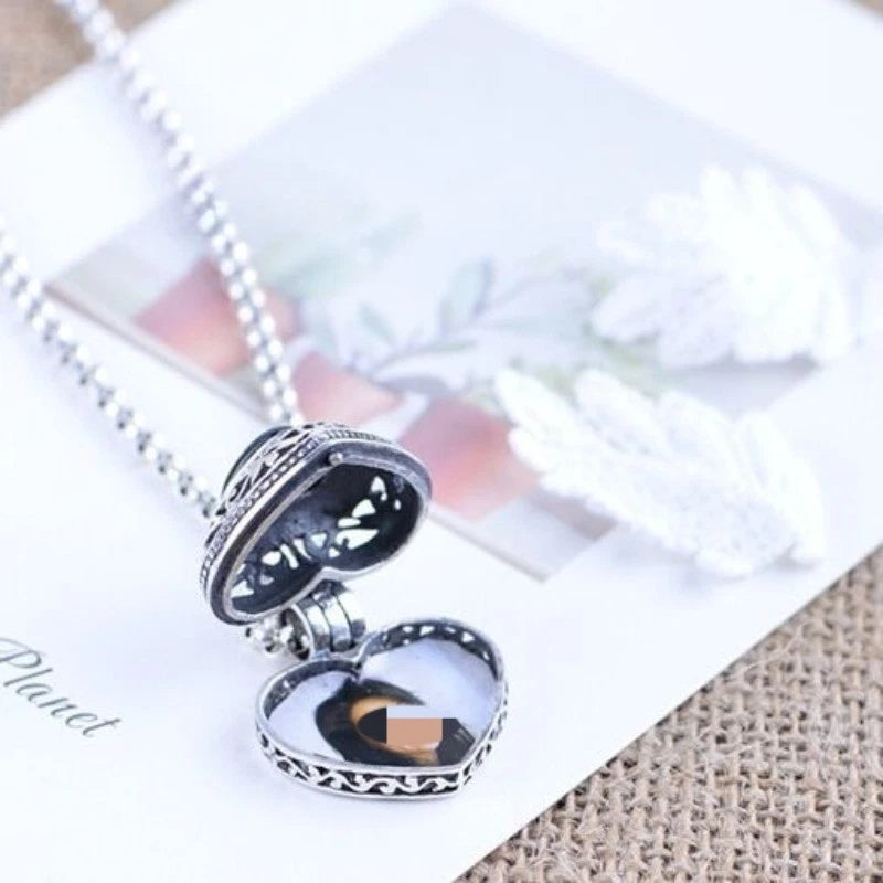 Openable Photo Box Heart Pendant Black Necklace Hollow Floral Design 07FC0E-D4 - KOEEK