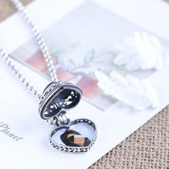 Openable Photo Box Heart Pendant Black Necklace Hollow Floral Design 07FC0E-D4 - KOEEK