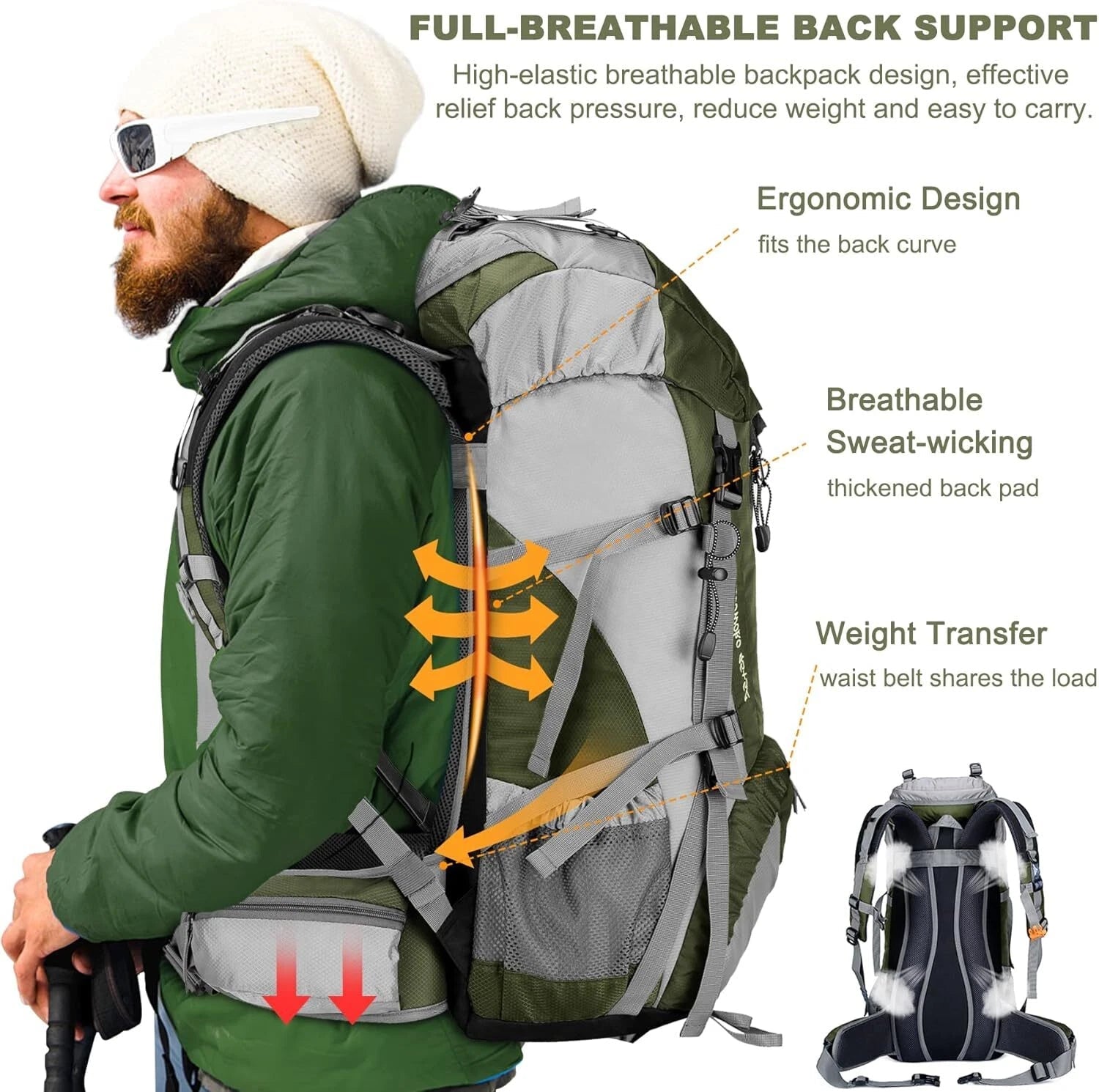 50L Hiking Travel Backpack, Waterproof Camping Essentials Bag with Rain Cover 07FC0E-D4 - KOEEK