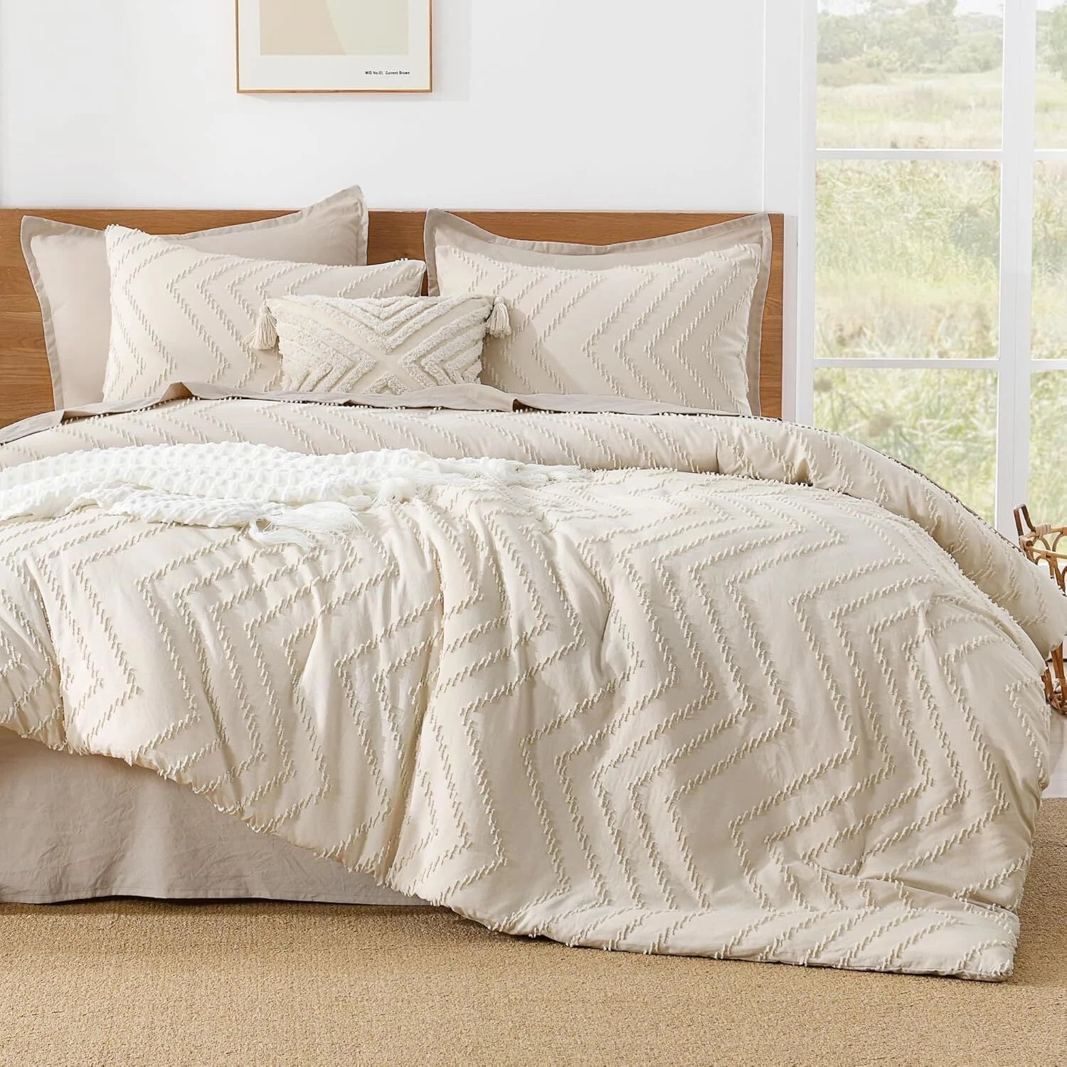 King Size Beige Comforter Set, 3-Piece Cream Tufted Bedding Comforter Set 07FC0E-D4 - KOEEK
