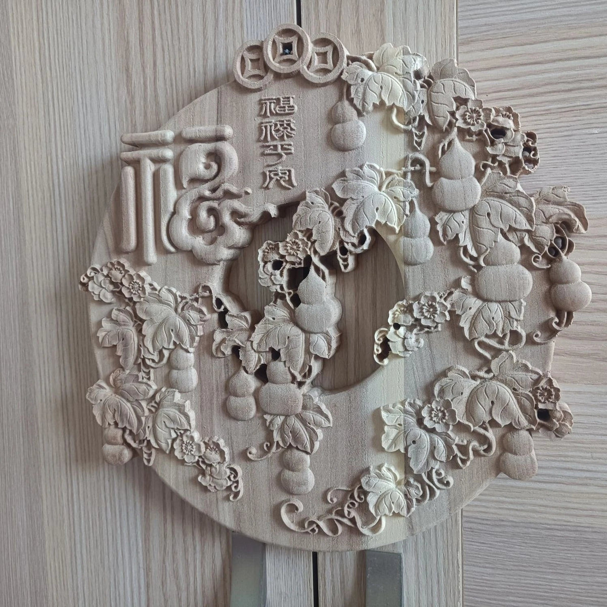 Dongyang Fu Lu Peace Wood Carving Wall Hanging Round 27cm Home Decor 07FC0E-D4 - KOEEK