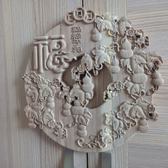 Dongyang Fu Lu Peace Wood Carving Wall Hanging Round 27cm Home Decor 07FC0E-D4 - KOEEK