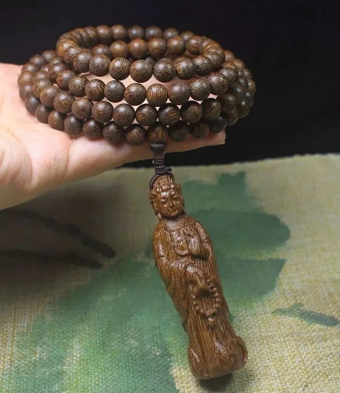 8mm*108 Natural Wood Guanyin Pandent Buddha Prayer Beads Necklace Accessories 07FC0E-D4 - KOEEK