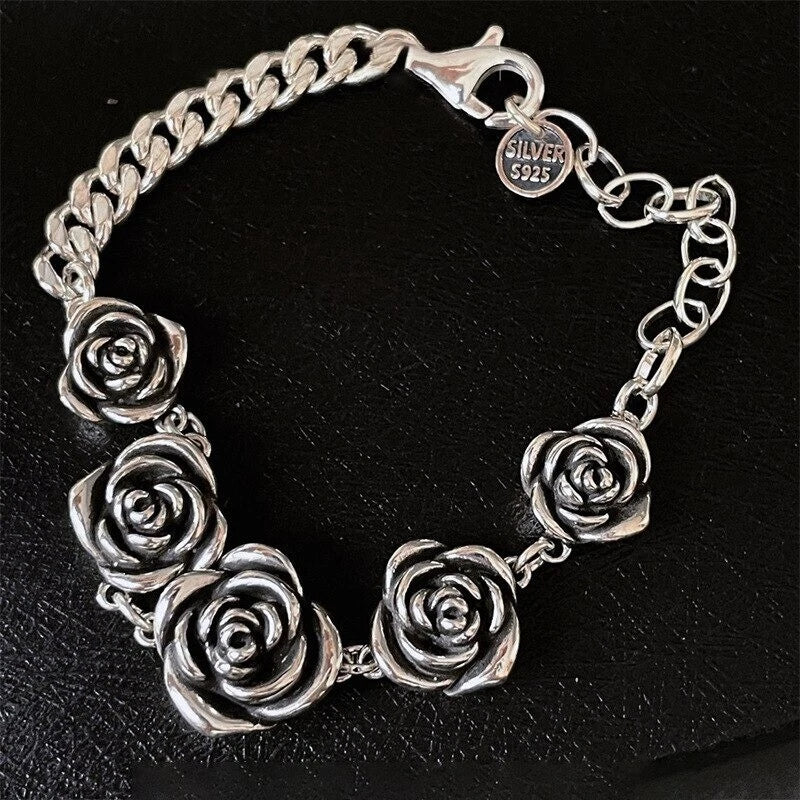 925 Sterling Silver Vintage Roses Flower Chain Bracelet Trendy Style  Bangle 07FC0E-D4 - KOEEK