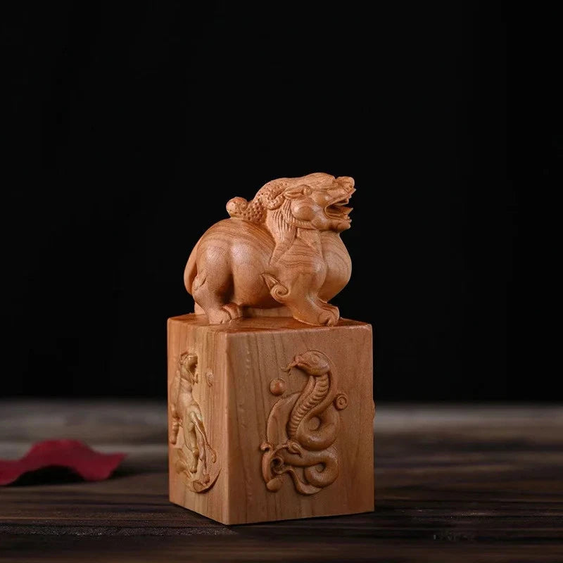 Cliff Cypress Wood Hand-carved Tea Pet Chinese Mascot Wealth Feng Shui Decor 07FC0E-D4 - KOEEK