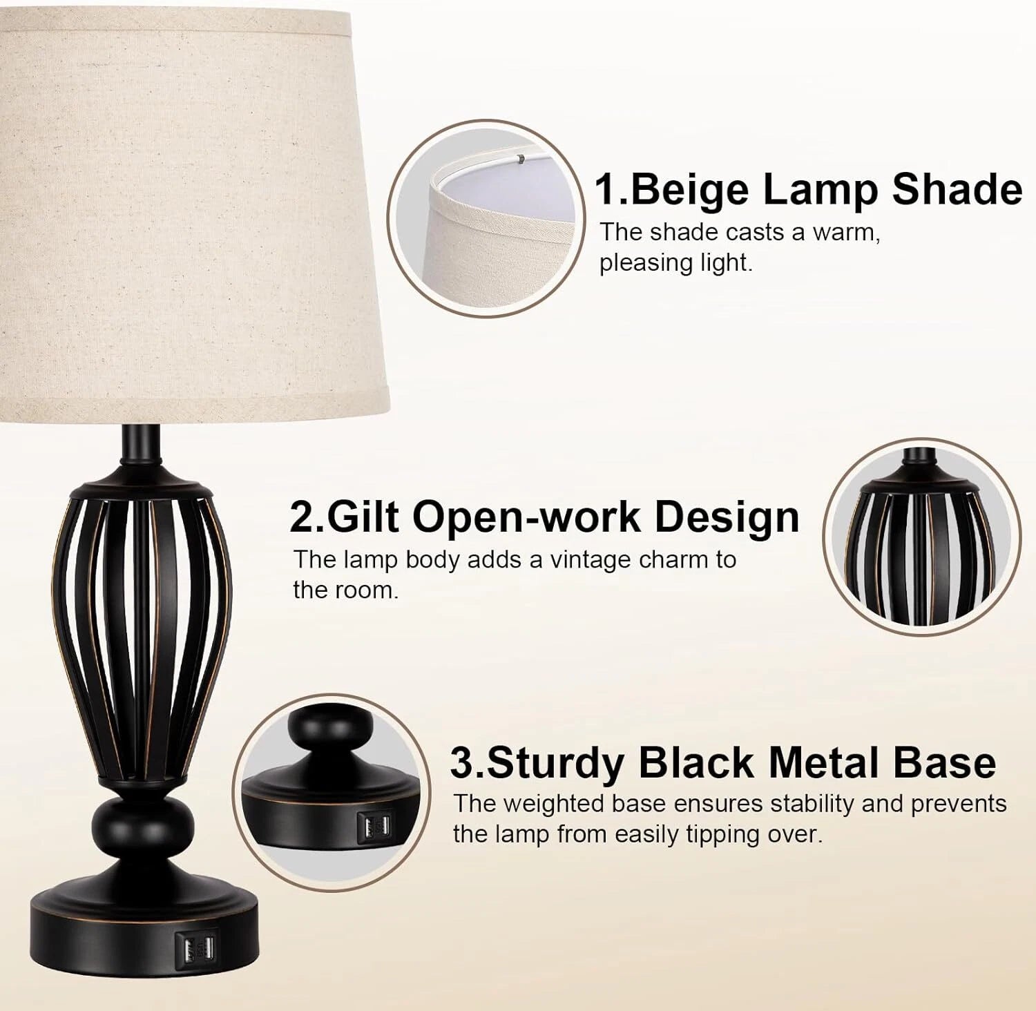 USB Bedside Lamp, 3-Way Dimmable Touch Table Lamp, Black Metal Base 07FC0E-D4 - KOEEK