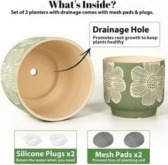 8-Inch + 6-Inch White Floral Pattern Planter, Sand Glazed Ceramic Planter,Green 07FC0E-D4 - KOEEK