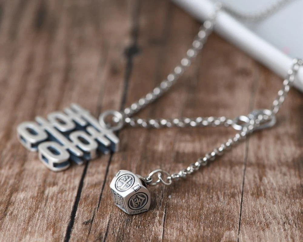 "Xi" Pendant Necklace Double Happiness Long Sweater Chain Silver Plated Vintage 07FC0E-D4 - KOEEK