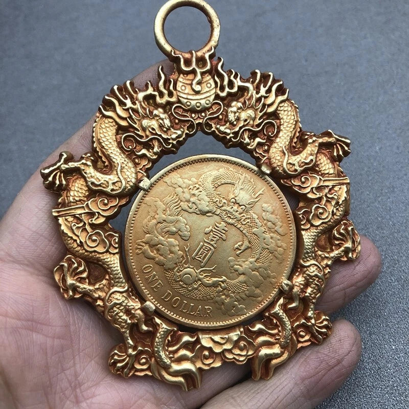 Gilding Pendant Double Dragon Copper Gilding Ornaments Gold Auspicious Pendant 07FC0E-D4 - KOEEK