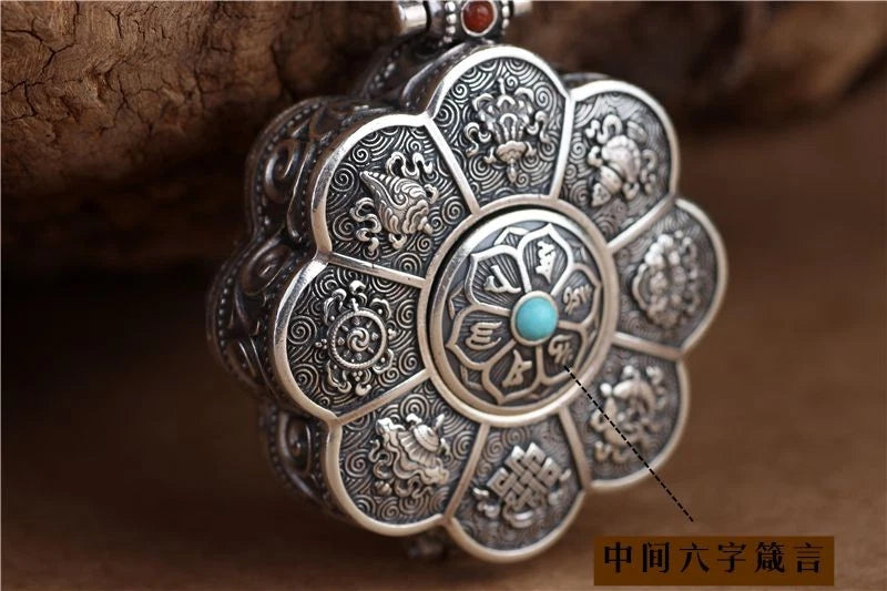 Lotus Eight Treasures Six Syllable Mantra Openable Amulet Box Ethnic Necklace 07FC0E-D4 - KOEEK