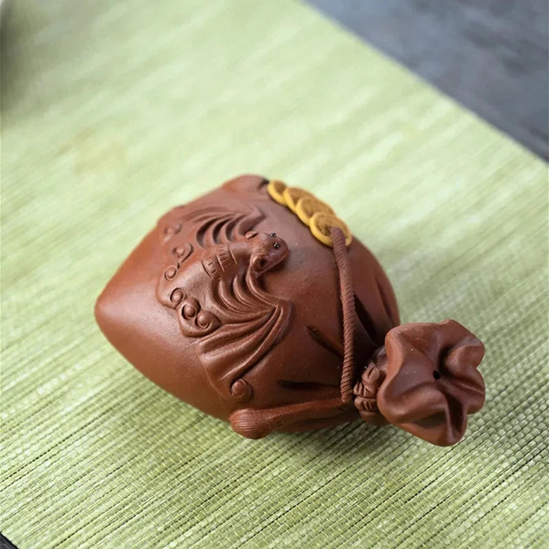 10cm Chinese Yixing Purple Clay Handmade Bat Money Bag Tea Pet Fengshui Ornament 07FC0E-D4 - KOEEK