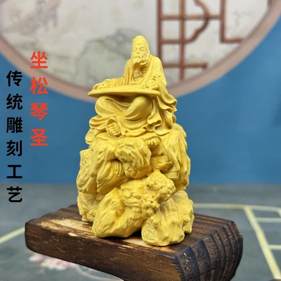 Boxwood Carved Saint of Music Bi Ya Figurine Home Décor Chinese Style Handicraft 07FC0E-D4 - KOEEK