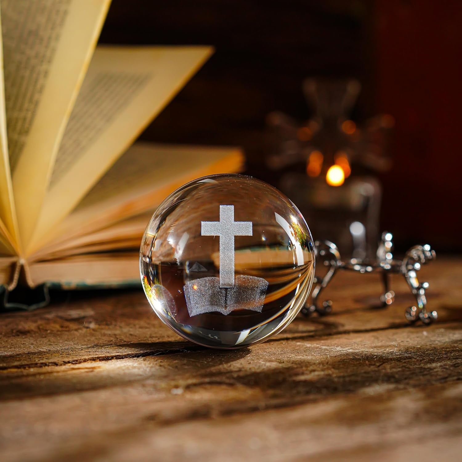 new ZEERSHEE 3D Laser Engraved Cross Bible Crystal Ball with Stand Clear