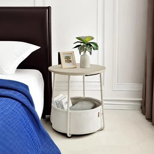 Small Nightstand with Fabric Basket, Modern Nightstand, Round Side Table 07FC0E-D4 - KOEEK