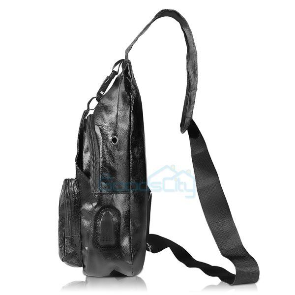 ny Mochila bandolera for hombre Bolso cruzado de cuero PU en el pecho Carga USB