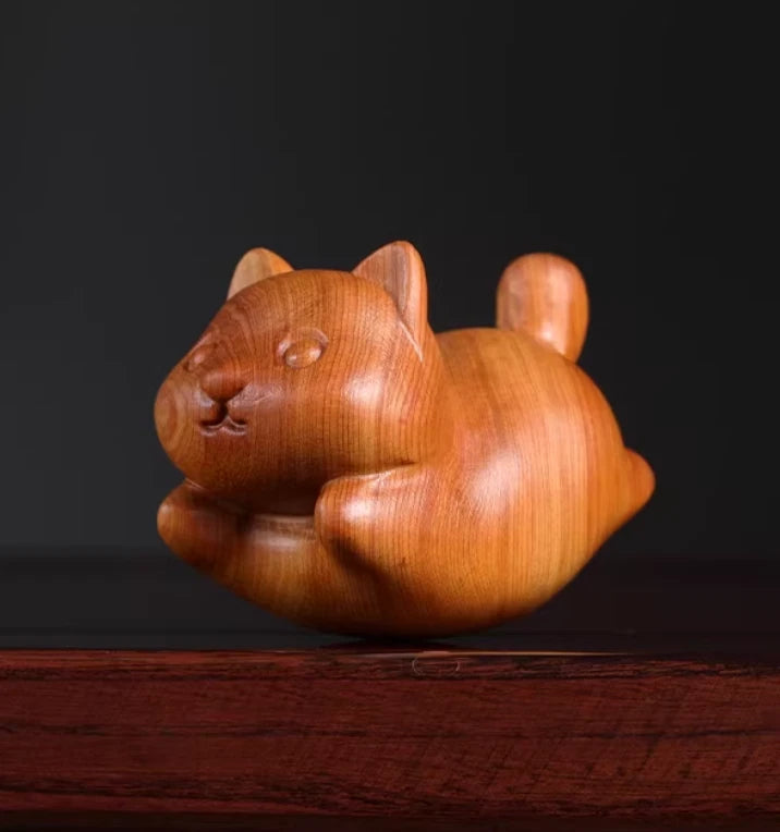 Wooden Carving Cat Figurine, Cute Rustic Pine Wood Tabletop Ornament 07FC0E-D4 - KOEEK