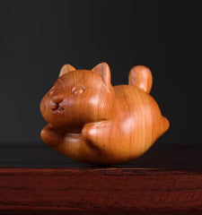 Wooden Carving Cat Figurine, Cute Rustic Pine Wood Tabletop Ornament 07FC0E-D4 - KOEEK