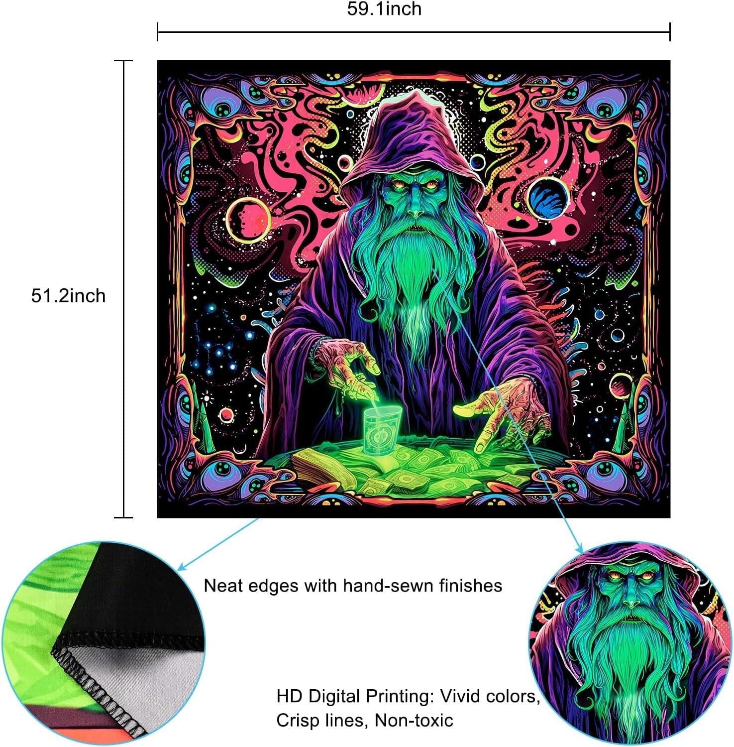 new Uspring Blacklight Tapestry Trippy Wizard 51.2'' x 59.1'', Colorful USPRING - KOEEK