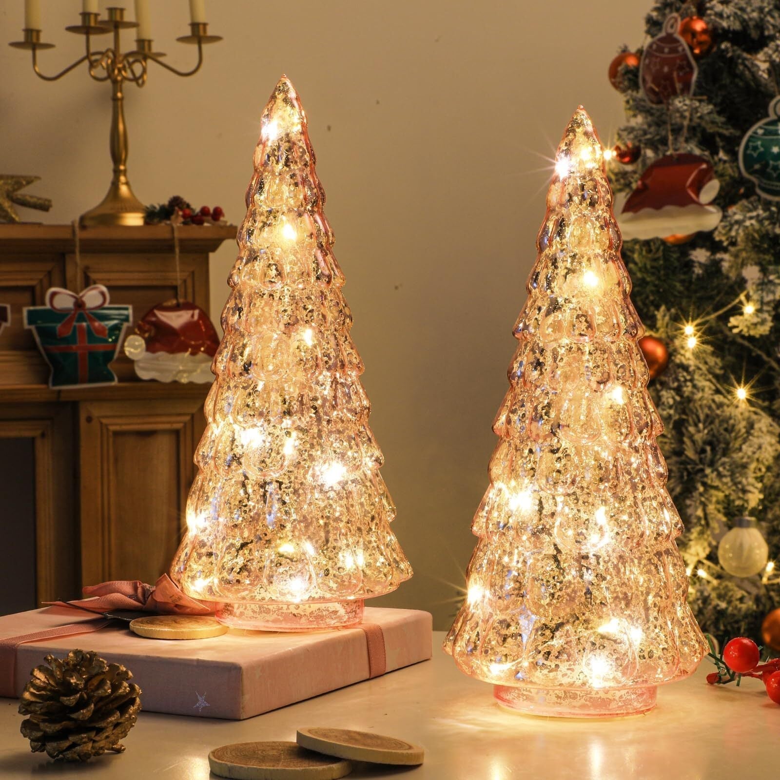 2PCS Pink Mercury Glass Christmas Tree with Light Table Top Decorations 10'' ... 07FC0E-D4 - KOEEK